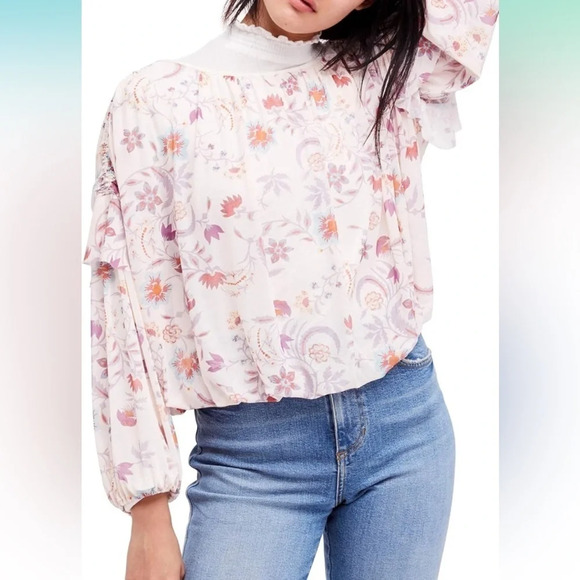 NEW Free People Boho Dusty Pink Floral Long Sheer Sleeve Pull Over Peasant top L - Picture 2 of 14